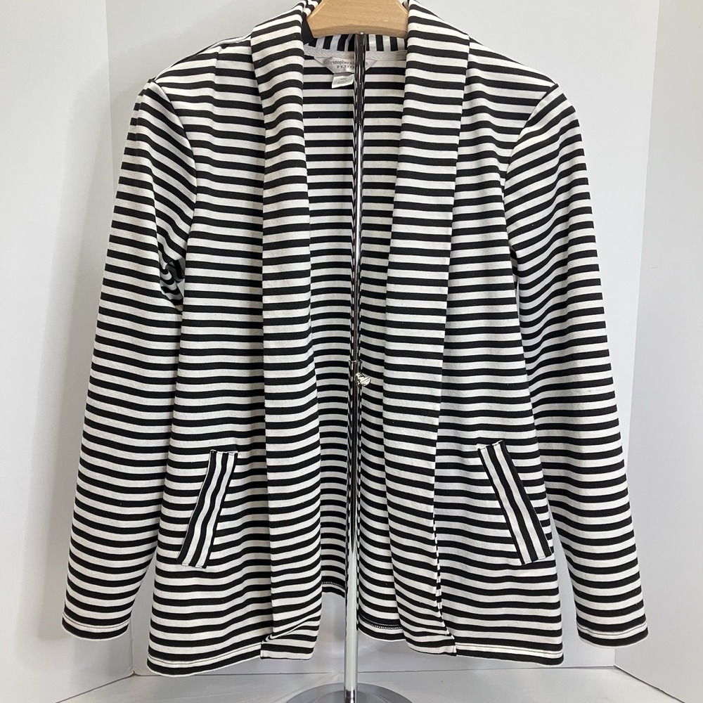 Christopher & Banks Womens Black White Striped Shawl Collar Open Front Jacket PM